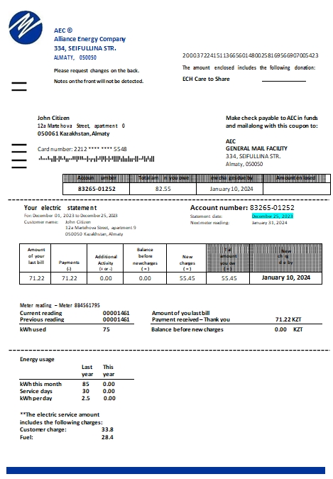 Kazakhstan Alliance Energy Company (AEC) utility bill scr